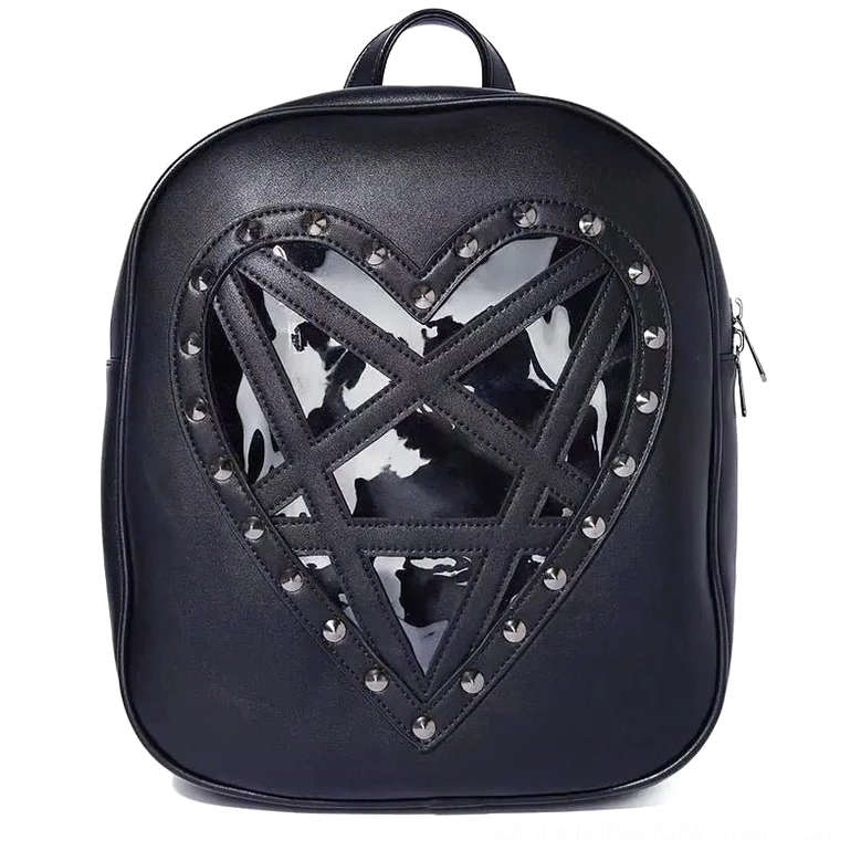 Black gothic heart transparent backpack flat lay studio shot, showing PU leather texture, side zipper, and pentagram heart design