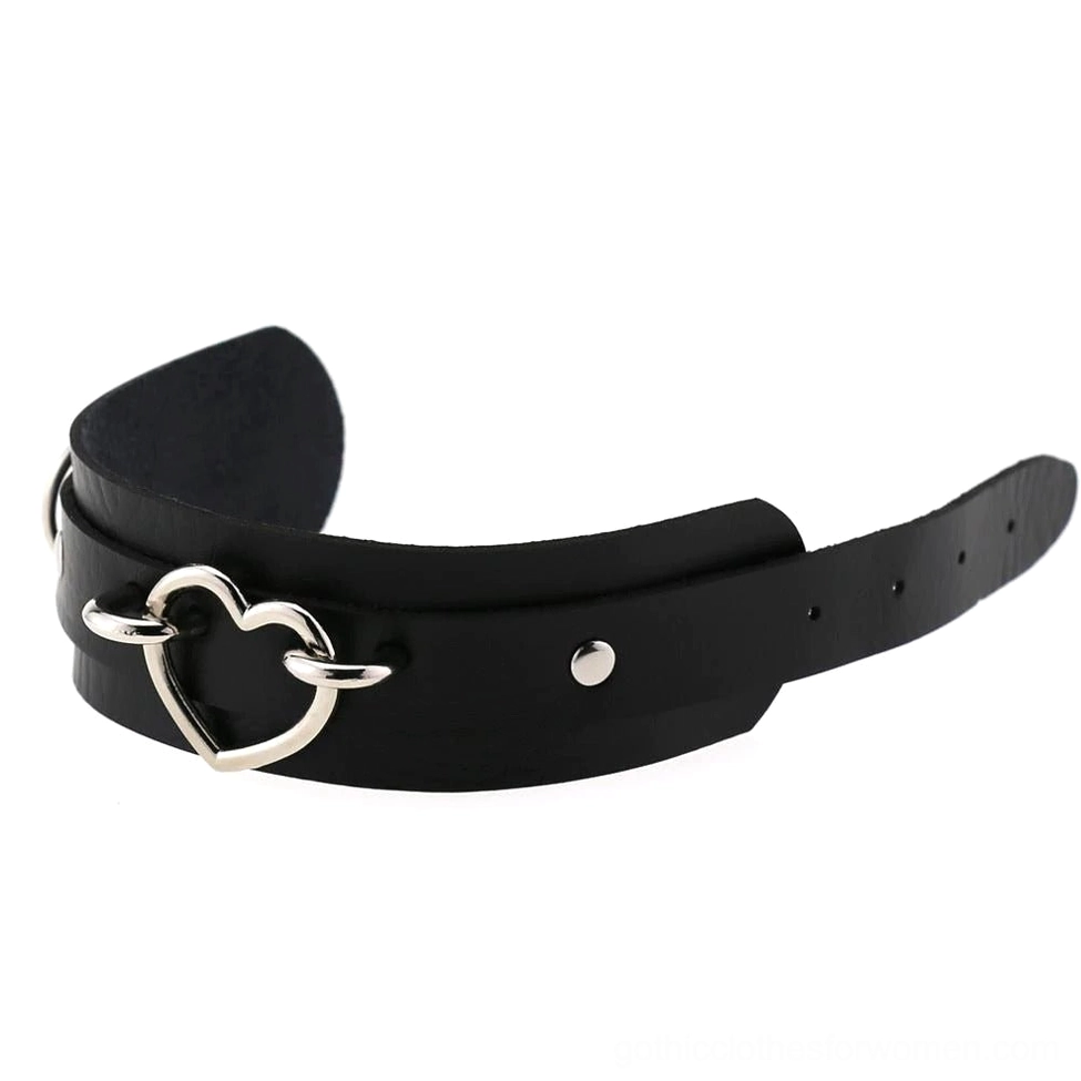 Black leather gothic heart bracelet with iron alloy heart detail, unisex emo fashion wrist band accessory