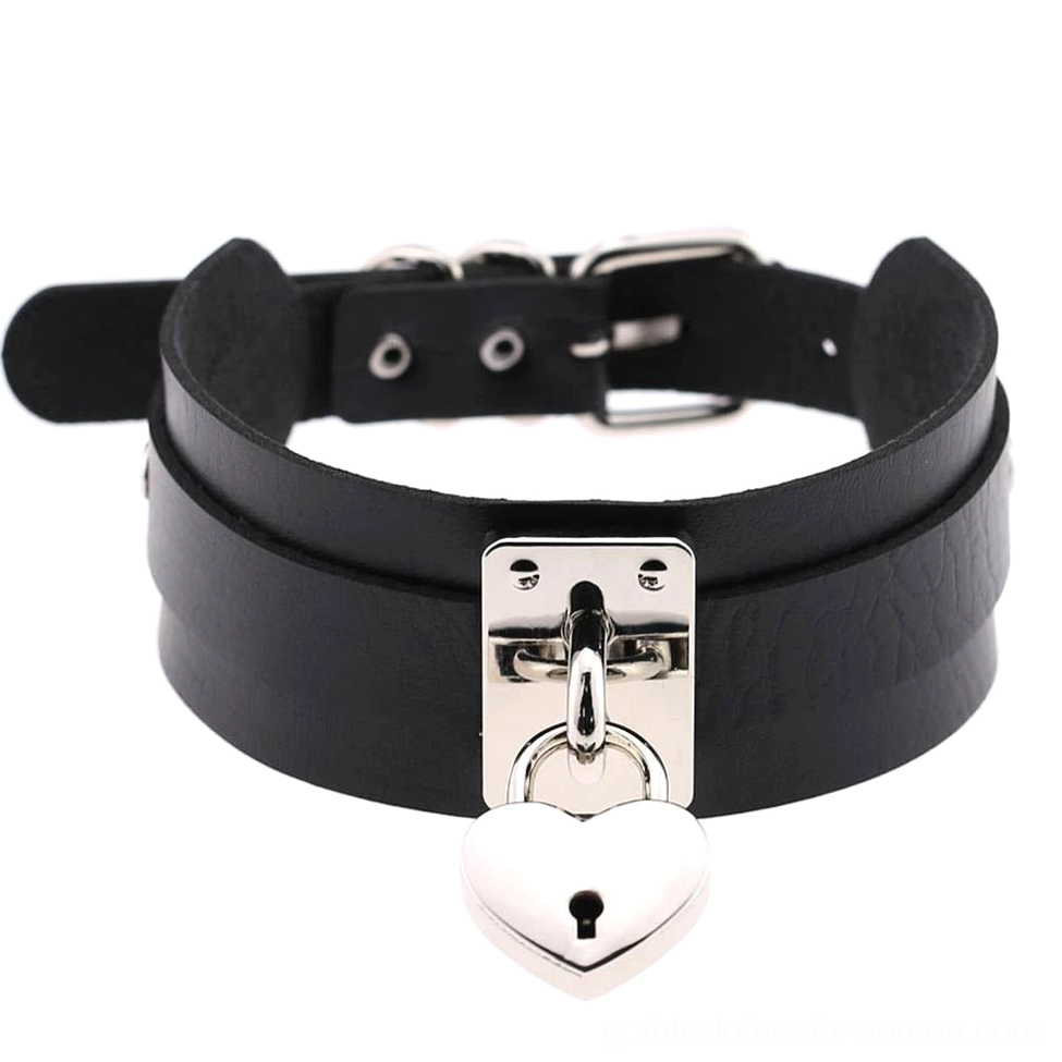 Black gothic heart lock choker with silver pendant and adjustable buckle - flat lay detail shot