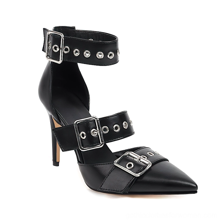 Black pointed toe stiletto heels with multi-buckle ankle straps and metal eyelets, gothic fashion footwear top-down view