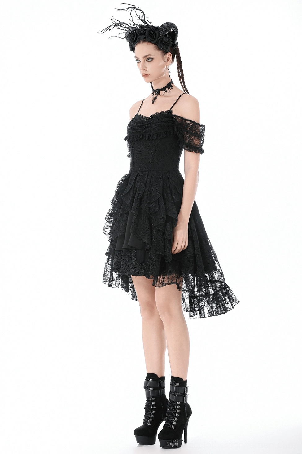 Black gothic high-low lace dress full ensemble view highlighting off-shoulder ruffled design and high-low hemline silhouette