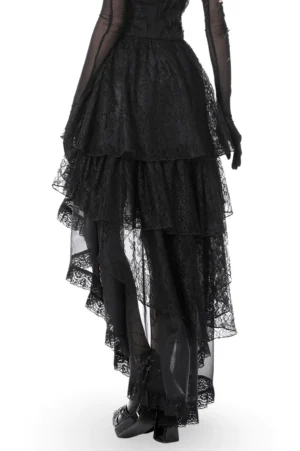 Black gothic high-low chiffon skirt rear view displaying floor-length hemline with tiered sheer tulle lace layers