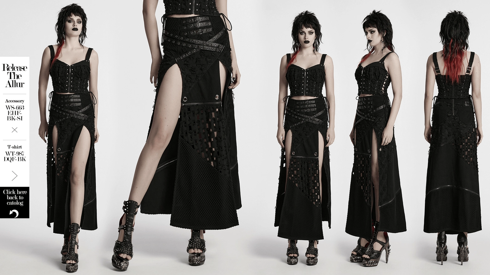 Black gothic high-slit maxi skirt full product shot displaying dramatic length and alternative fashion styling