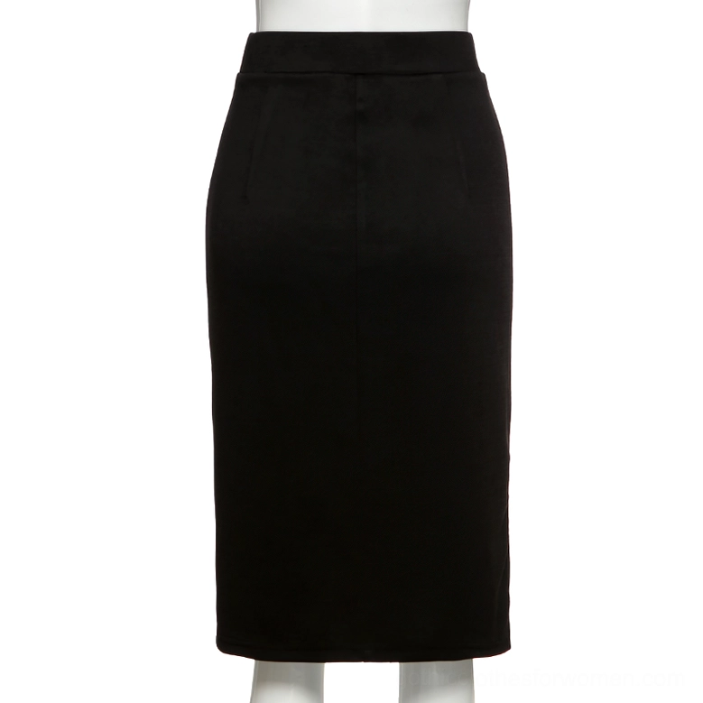 Full length front view of minimalist black gothic high-waist pencil skirt