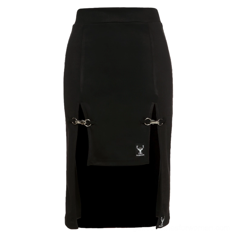 Front display of black gothic high-waist pencil skirt with dual metal ring side splits on mannequin