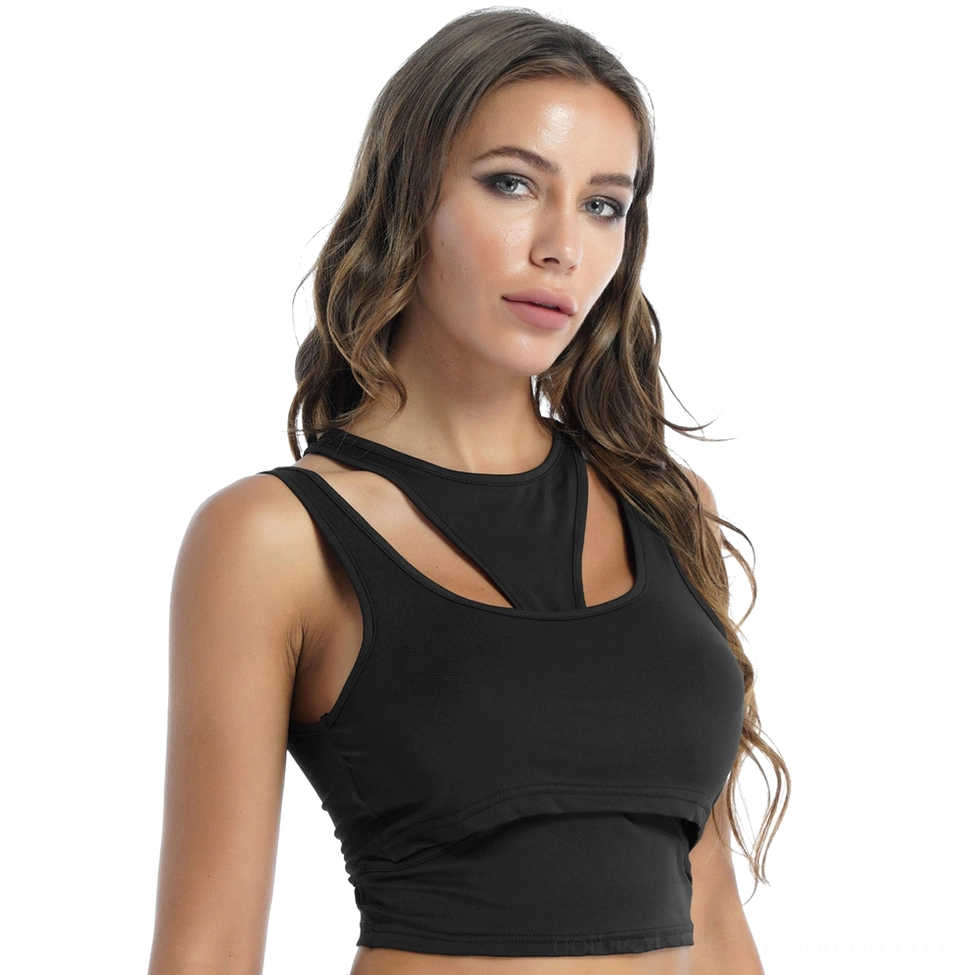 Black gothic hollow out cropped tank top with double-layer cutout design and racerback construction, front view on model