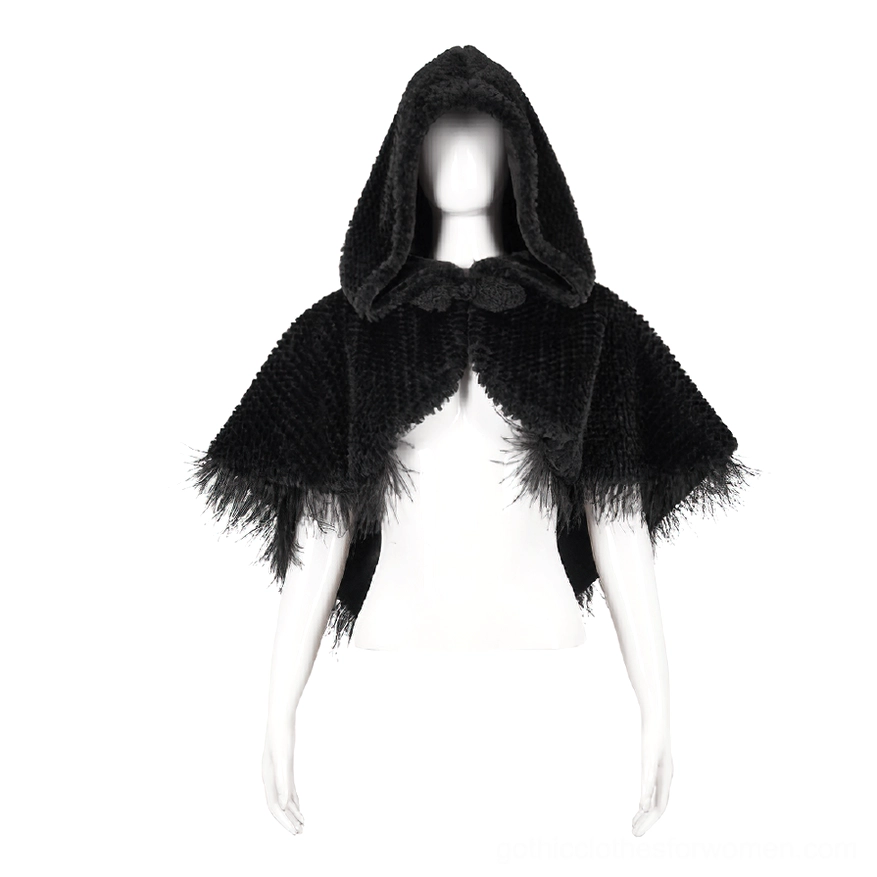 Short black gothic hooded cape front view with feathered edges and frog clasp fasteners on display mannequin