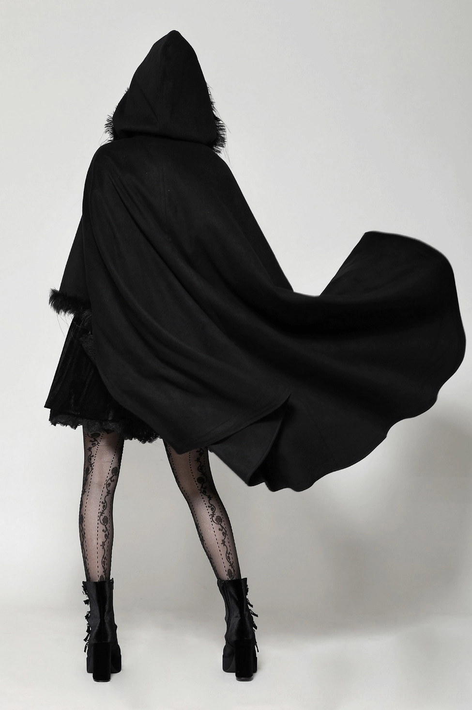 Black hooded cape for gothic fashion showcasing rope tie closure and flowing design