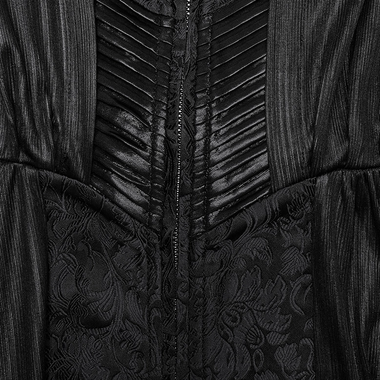 Black gothic hooded cloak coat full figure on mannequin displaying complete silhouette and dramatic floor-length proportions