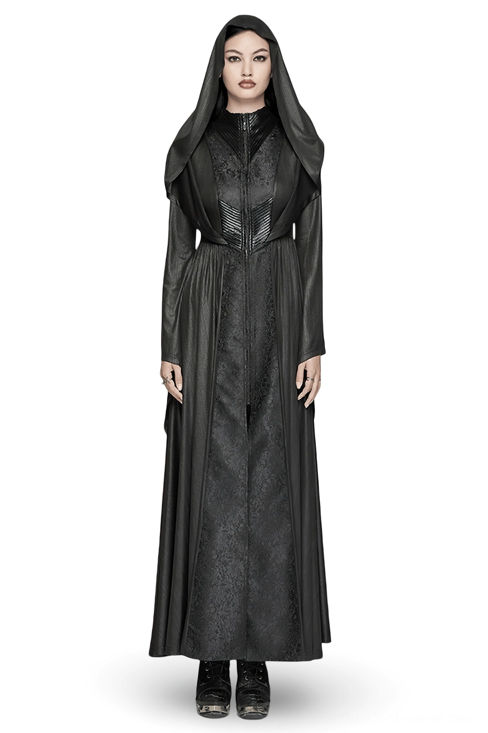 Black gothic hooded cloak coat with 3D pleated collar and jacquard fabric, front view on female model wearing dramatic floor-length dark coat