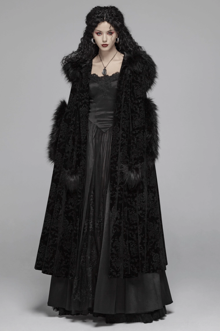 Black Gothic hooded cloak faux fur trim and architectural drape showcasing Victorian Gothic aesthetics
