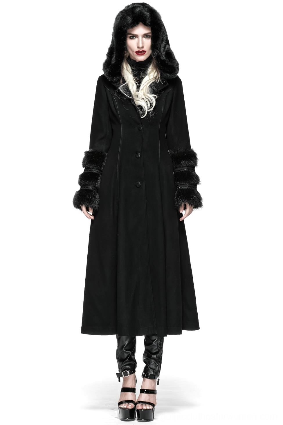 Black gothic hooded coat with faux fur trim and corset lace-up back, shown on model from front angle
