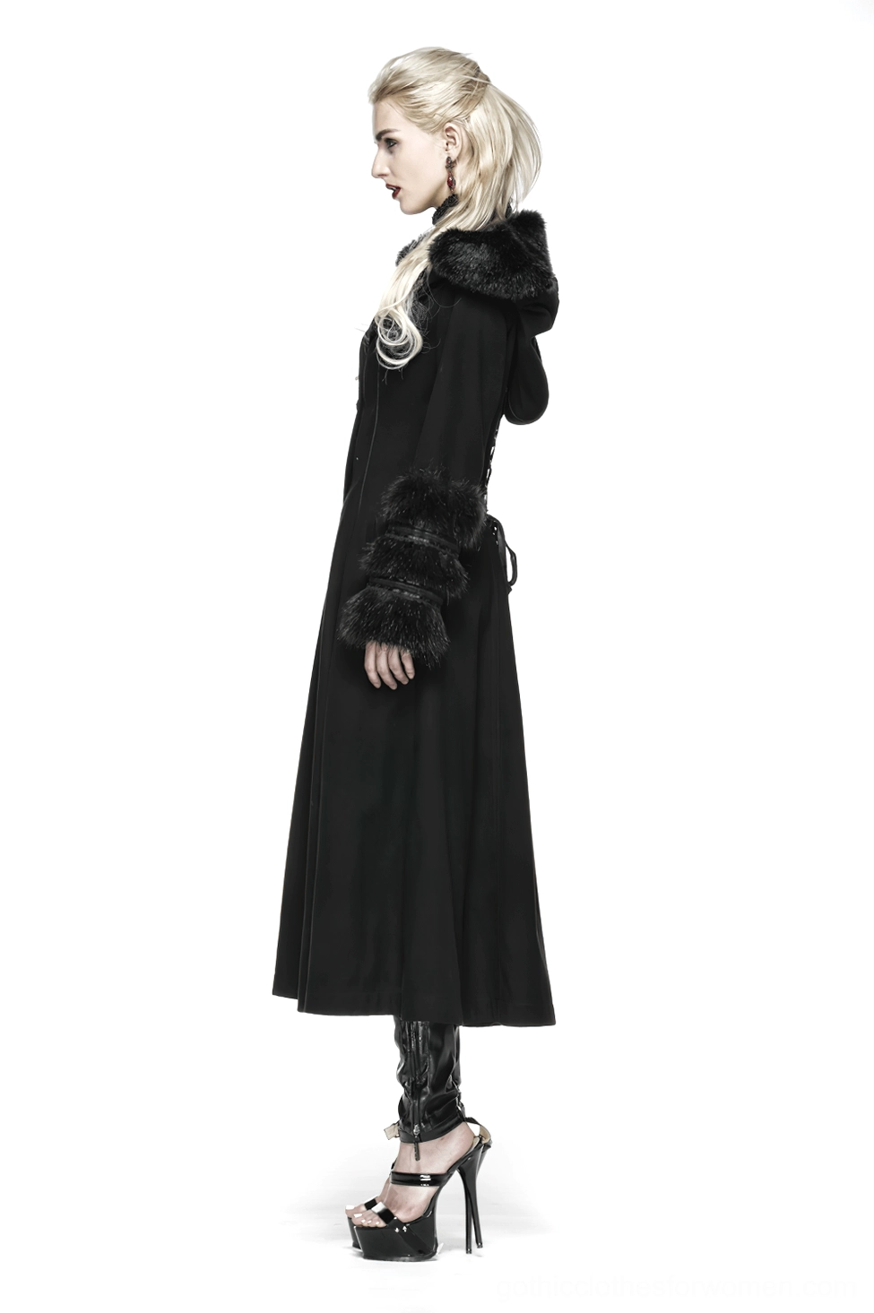 Full-length front view of black gothic hooded coat with lace-up back on model