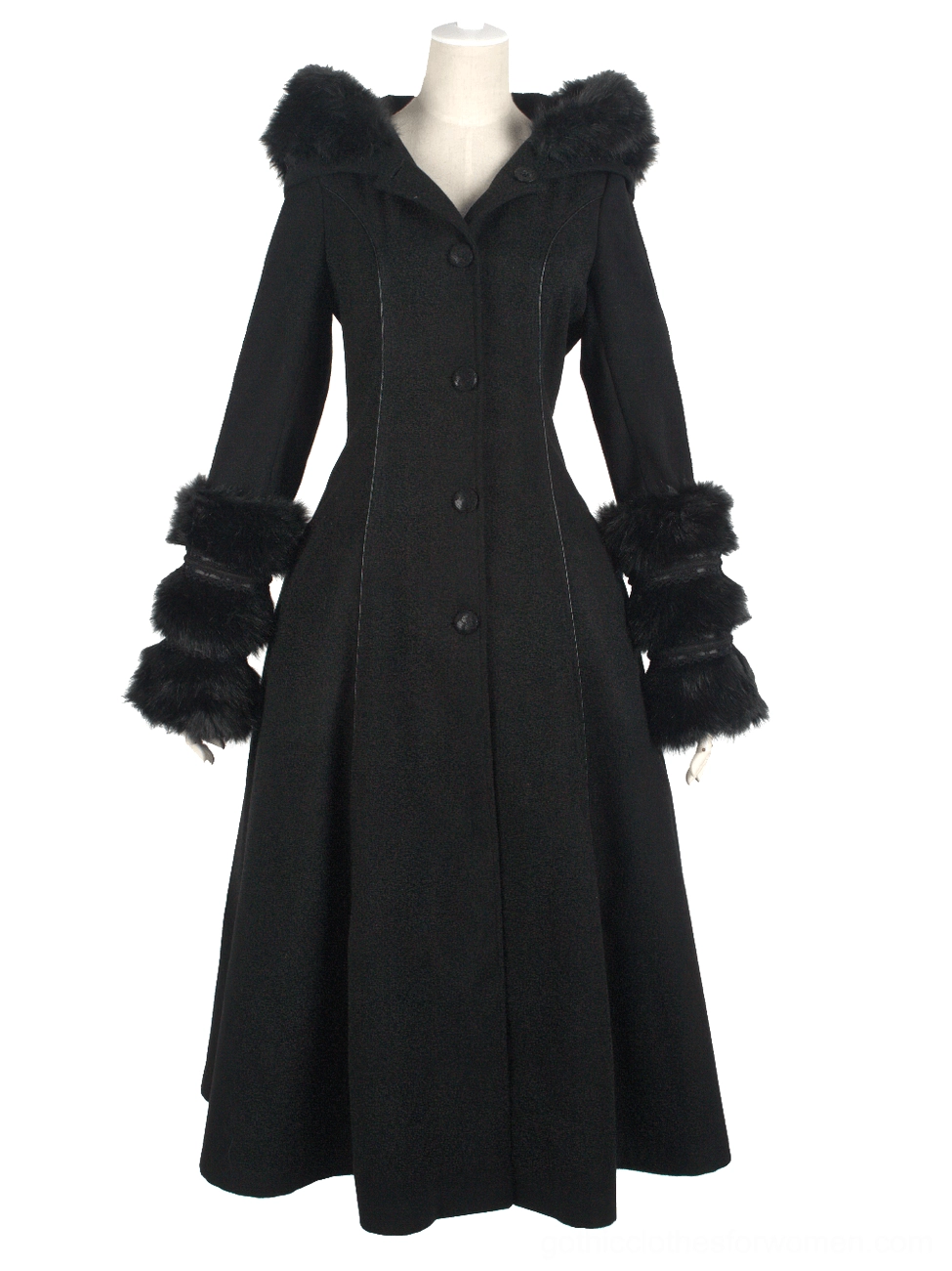 Black gothic long coat with faux fur hood and A-line hem on mannequin form