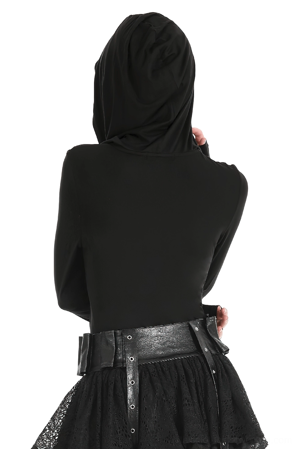 Black gothic hooded top back view - model wearing goth outfit with leather belt and matching skirt, featuring fitted back design