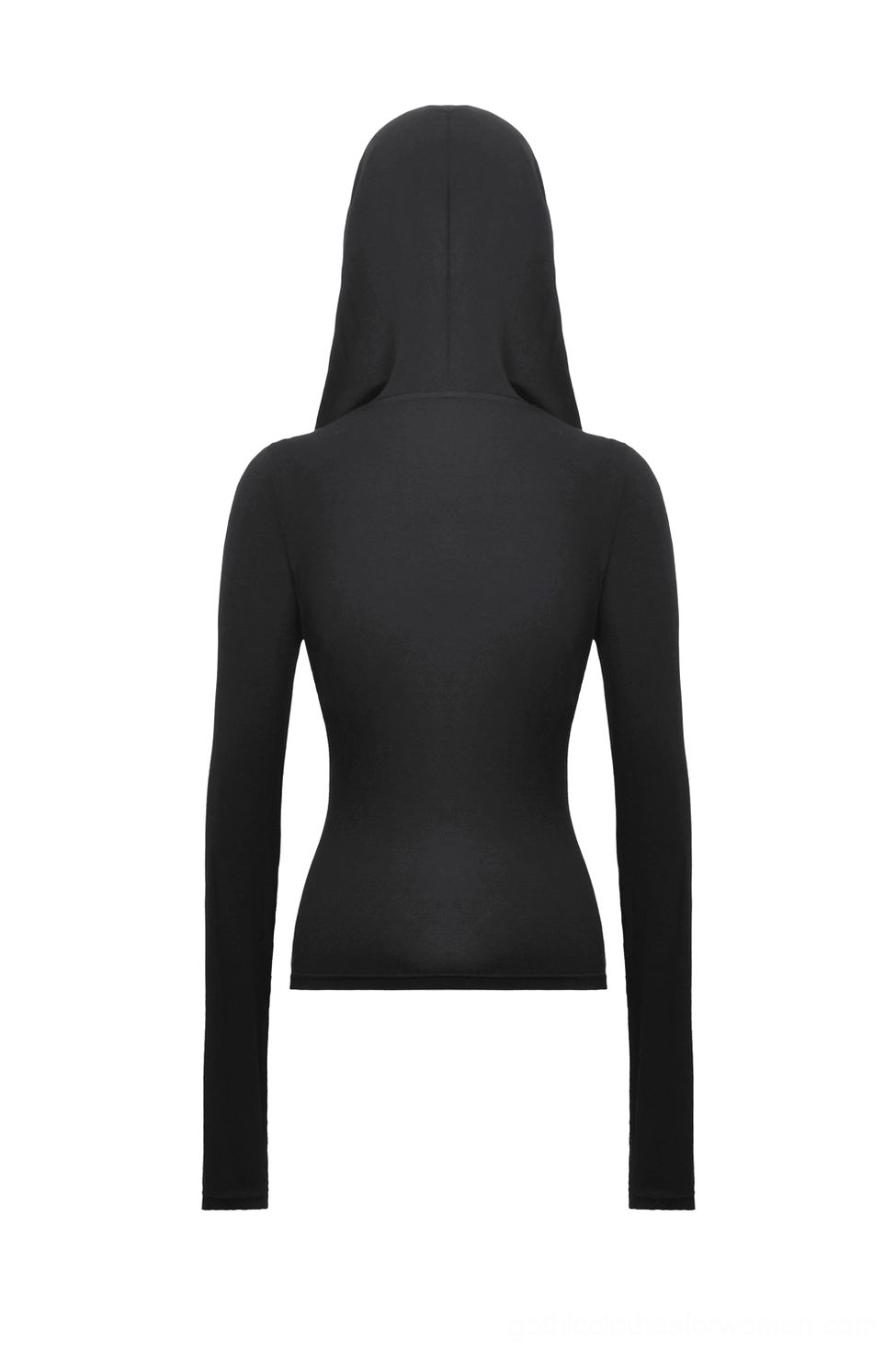Black gothic hooded top back flat lay - showing solid stretch rayon fabric, fitted silhouette, and clean back design