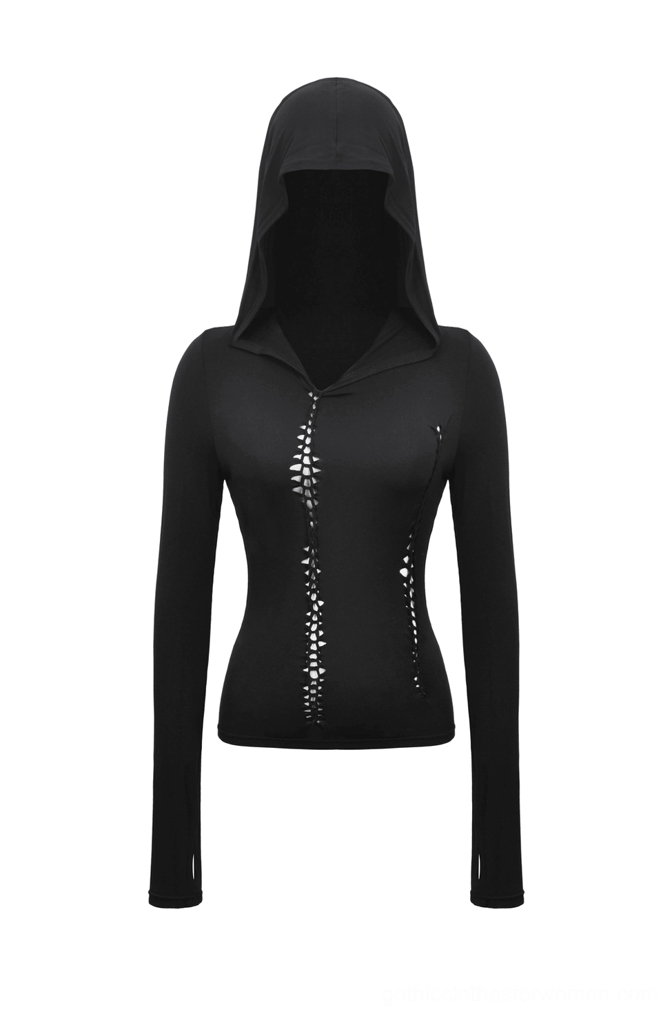 Black gothic hooded cutout top flat lay - front view showing lace-up detailing and thumb hole cuffs on attached hood