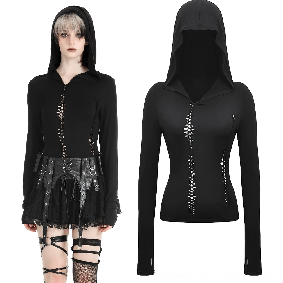 Full body gothic hooded cutout top styling - model in complete goth punk ensemble with mini skirt, leather belt, and leg straps