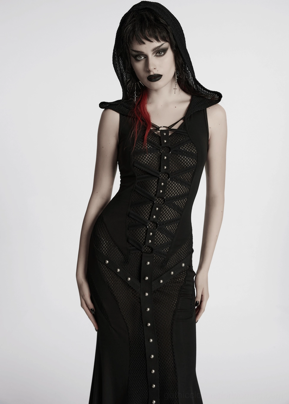 Black gothic hooded dress on model showing complete silhouette with hood and metal hardware details