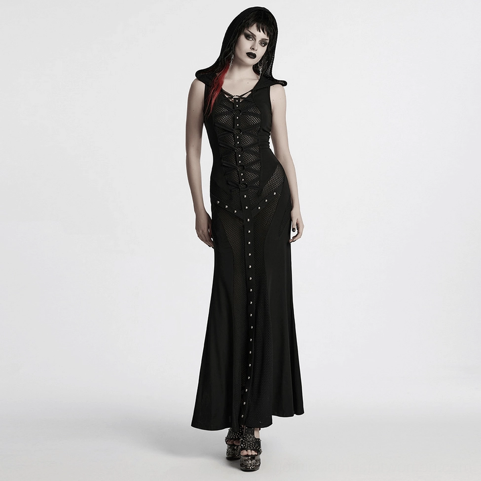 Black gothic sleeveless hooded maxi dress side profile showing mesh paneling and floor-length hem