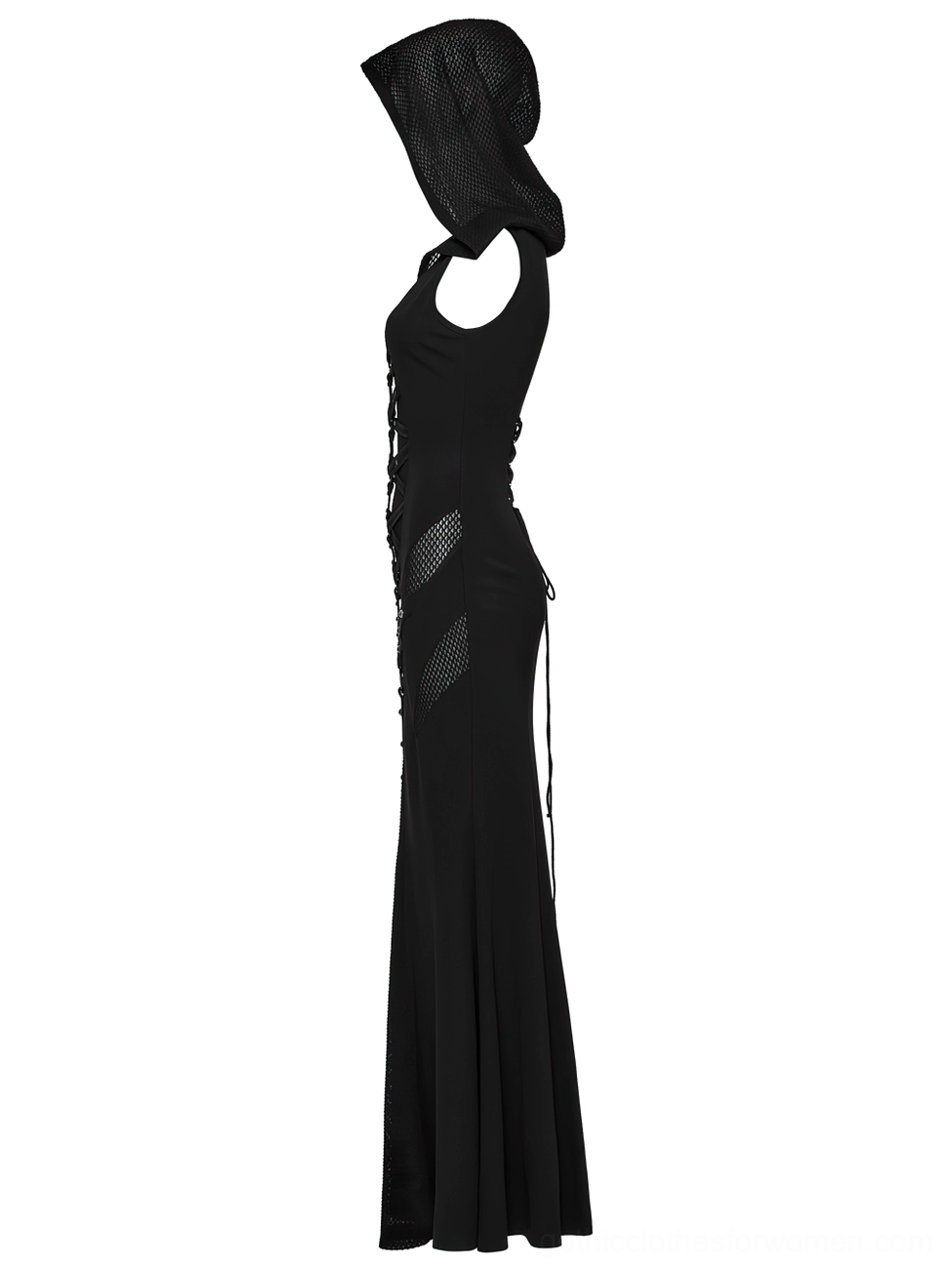 Black gothic hooded maxi dress side view on dress form showing slim fit and attached hood design