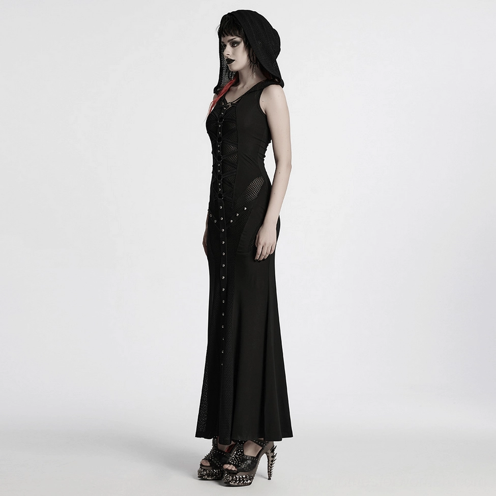 Black gothic hooded maxi dress showing textured mesh inserts and metal D-ring lace-up back construction