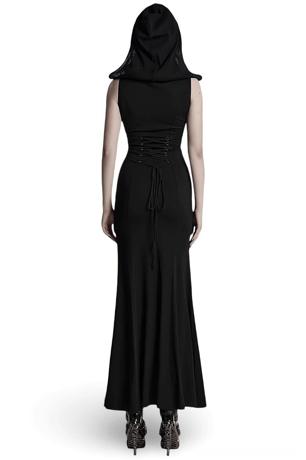 Black gothic hooded dress rear view showing lace-up corset back with metal D-ring hardware and floor-length silhouette