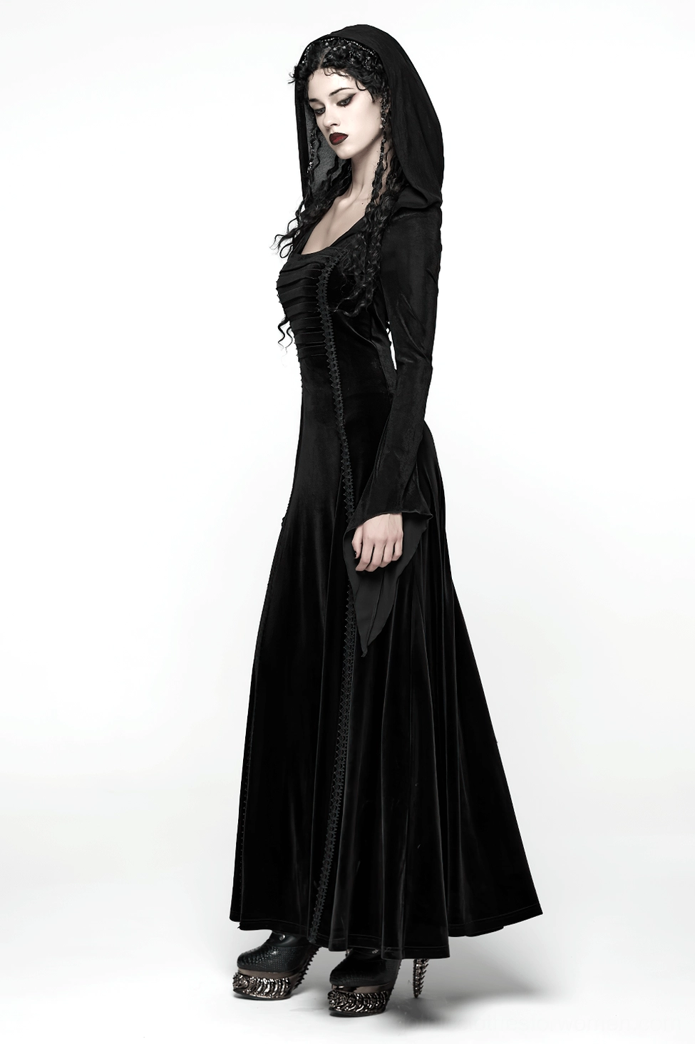 Black gothic hooded maxi dress lifestyle shot emphasizing the romantic goth aesthetic, mysterious hooded silhouette, and dark elegance