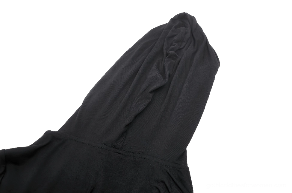 Back hood detail of gothic hooded top - draped fabric, neat stitching, and tailored construction