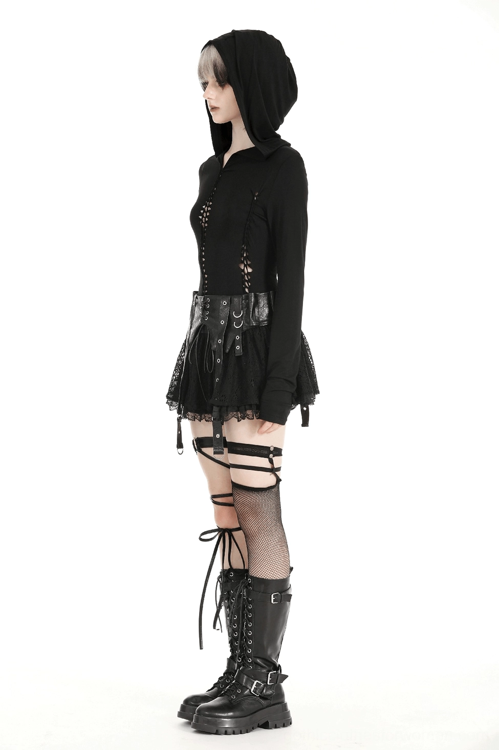 Gothic hooded cutout hoodie color and quality showcase - pure black premium rayon fabric with professional tailoring