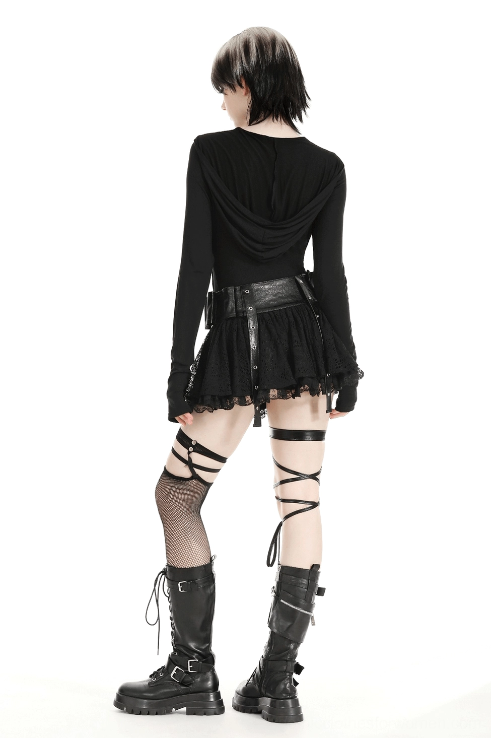 Black gothic hooded top with cutout design - front detail showing lace-up corset-inspired chest design element