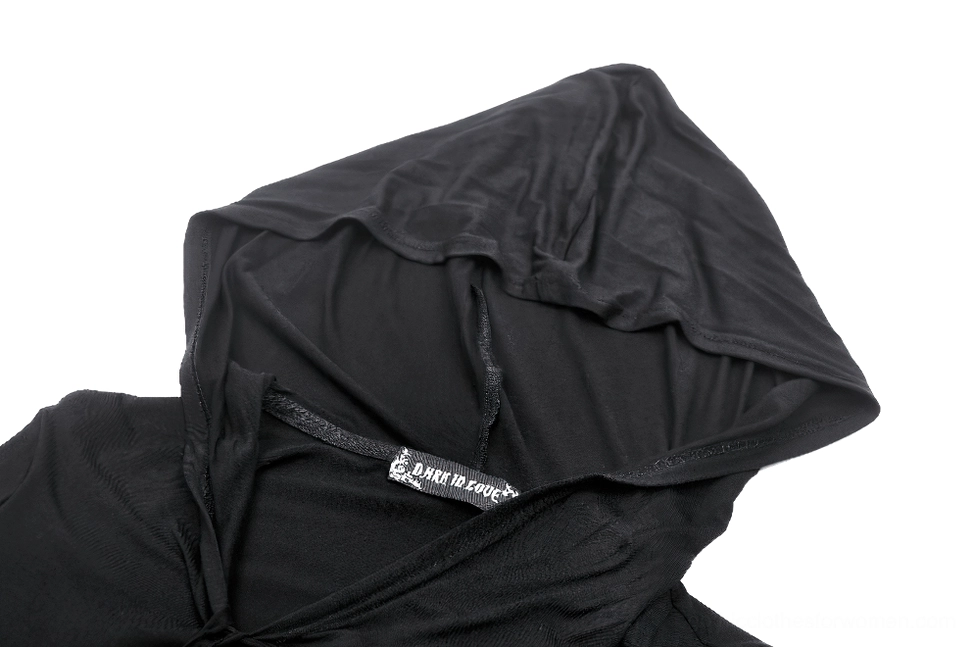 Close-up detail of black gothic hoodie - draped soft hood construction and branded inner tag