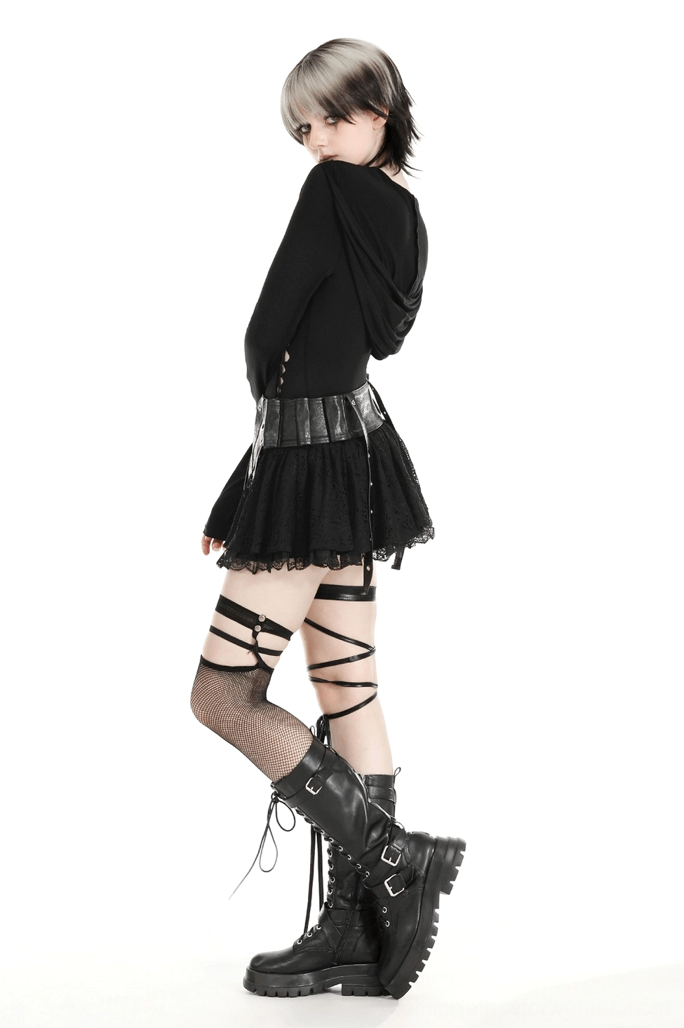 Gothic hooded cutout top layering options - demonstrating versatility with mesh and alternative fashion pieces