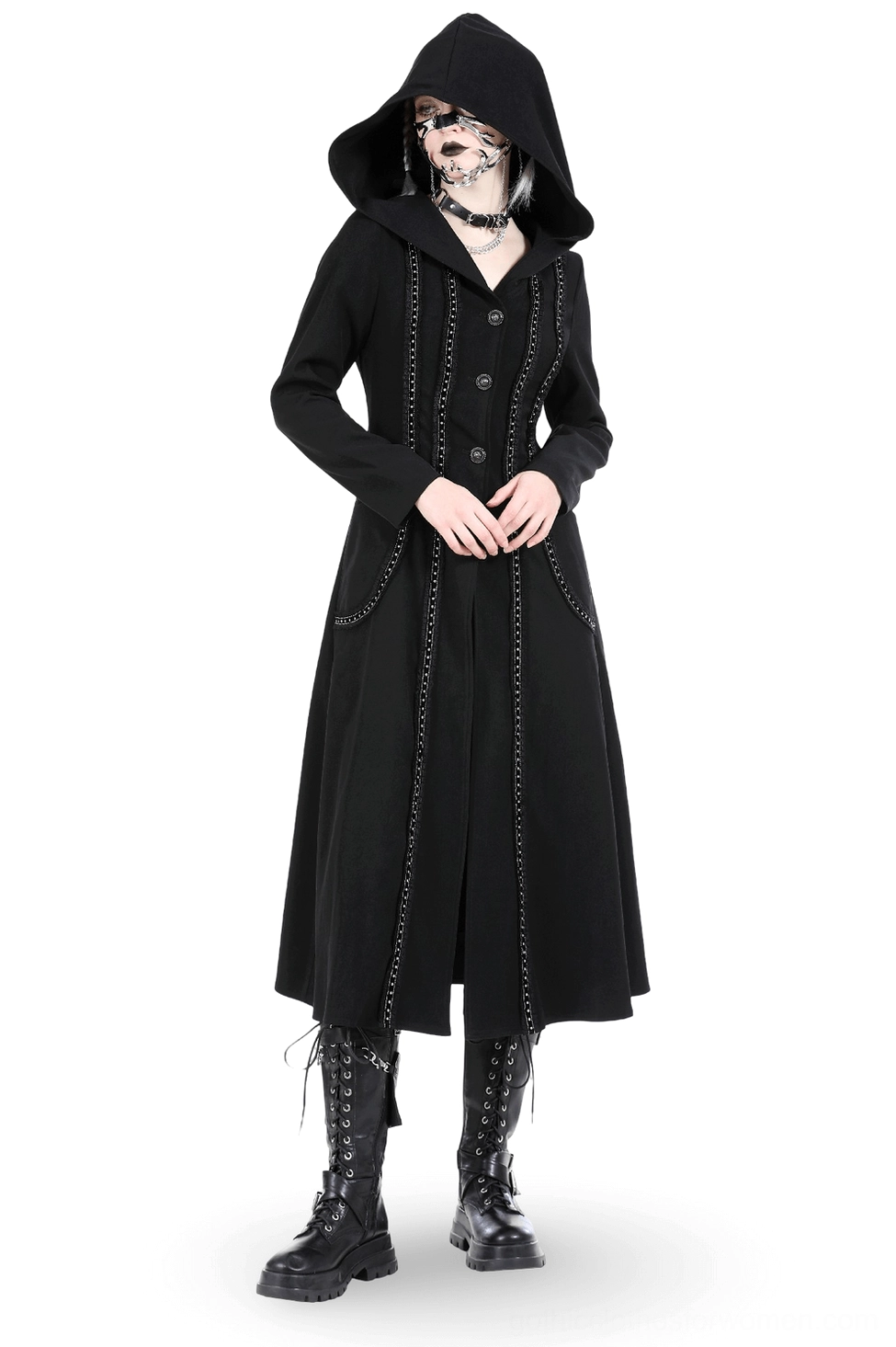 Black gothic hooded trench coat front view with chain-link lace trim and skull button closures, worn by female model
