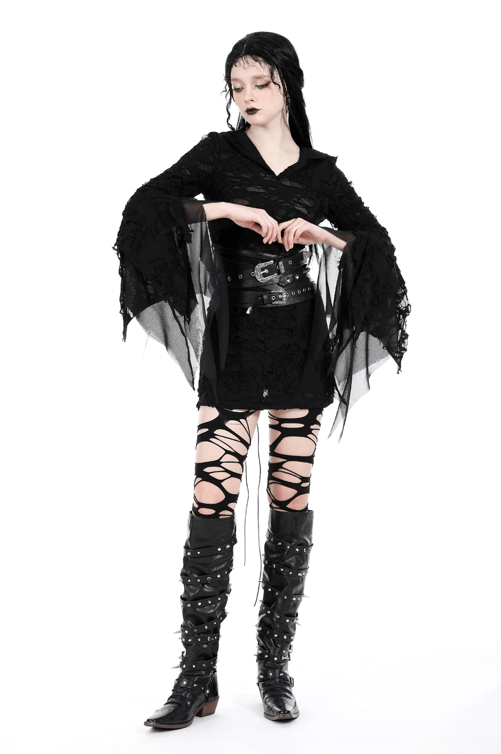 Black gothic lace ripped hoodie alternate angle showcase - front presentation