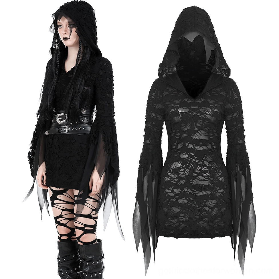 Black ripped lace gothic hoodie front half-body detail with corset belt and ripped tights styling