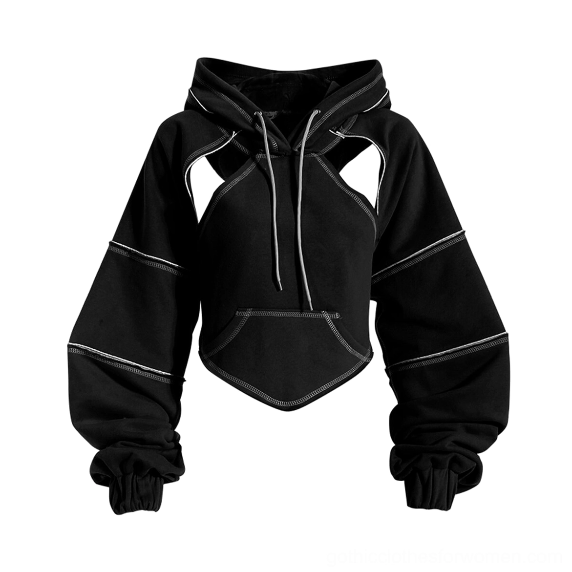 Black gothic hollow-out crop hoodie flat lay front view showing chest cutout contrast stitching and hood