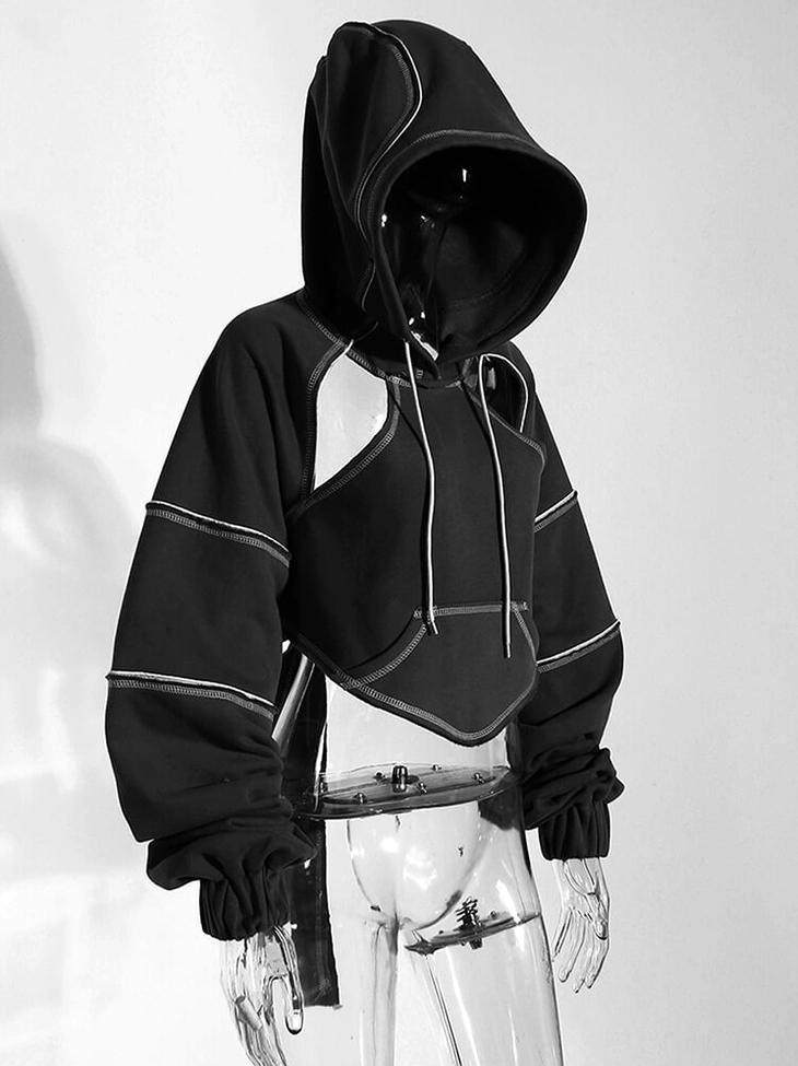 Black gothic crop hoodie on clear mannequin three-quarter view showing cutout placement and hood detail