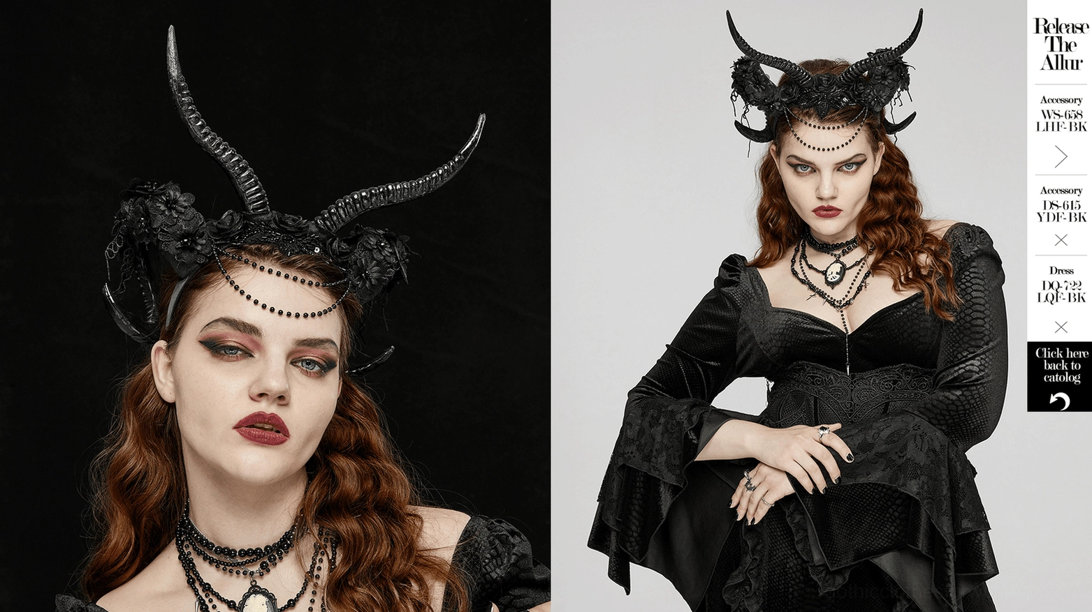 Black gothic horned headpiece full view showing all design elements including horns, lace florals, and beaded chain