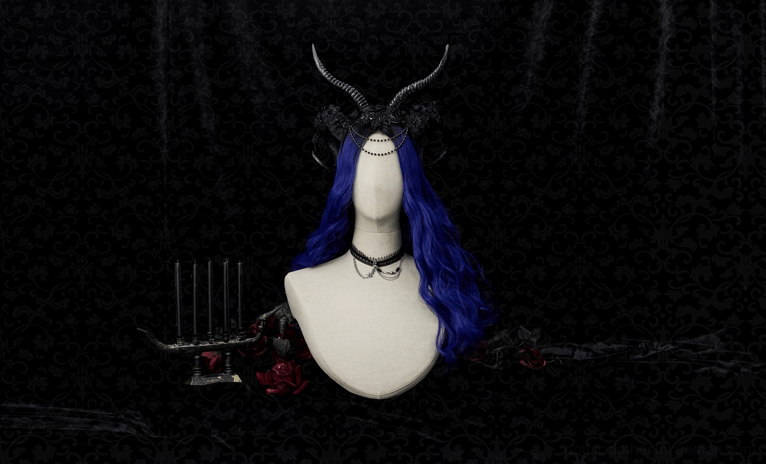Black gothic horned headpiece with lace flowers and beaded embellishments, alternative fashion accessory for goth costume