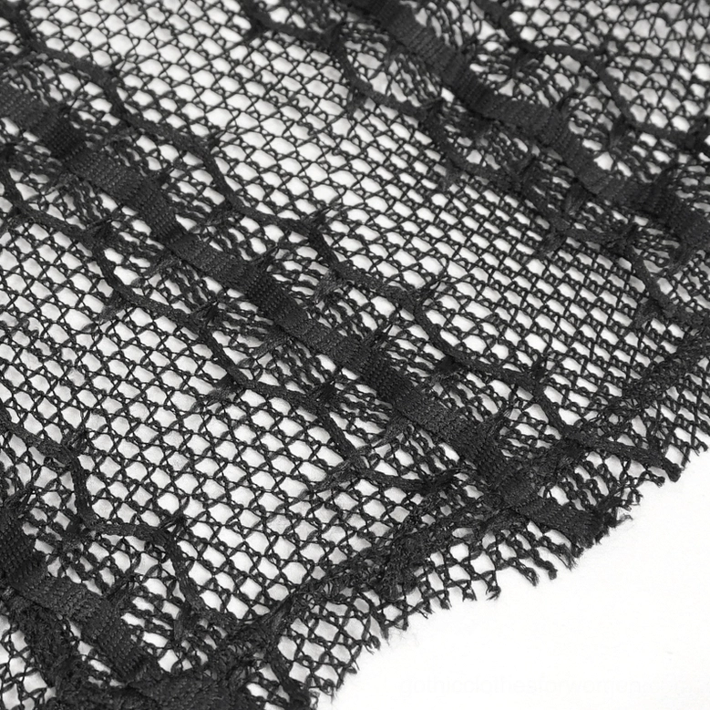 Black gothic irregular dress with transparent mesh panels and contemporary deconstructed design aesthetic