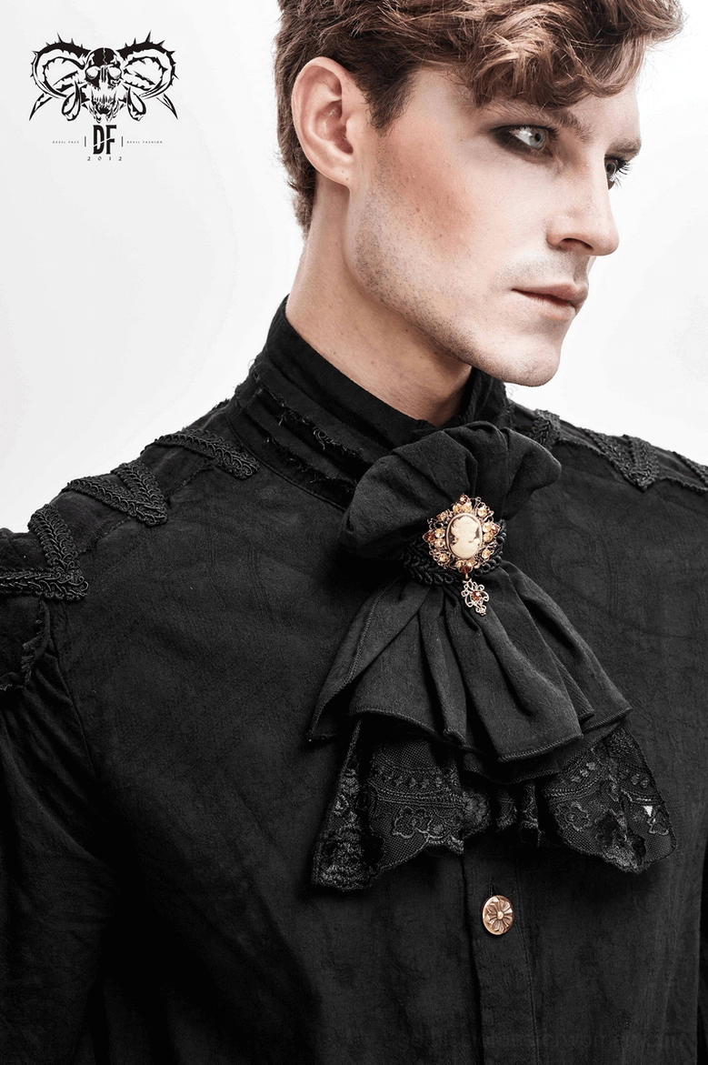 Styled presentation of black gothic jabot neckwear as vampire formal wear accessory for alternative fashion