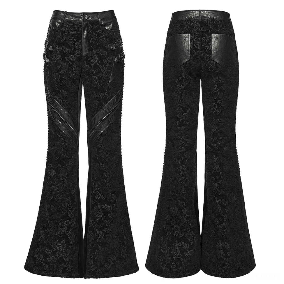 Black gothic jacquard flared pants front and rear flat lay - rose pattern, faux leather pocket details, flared silhouette