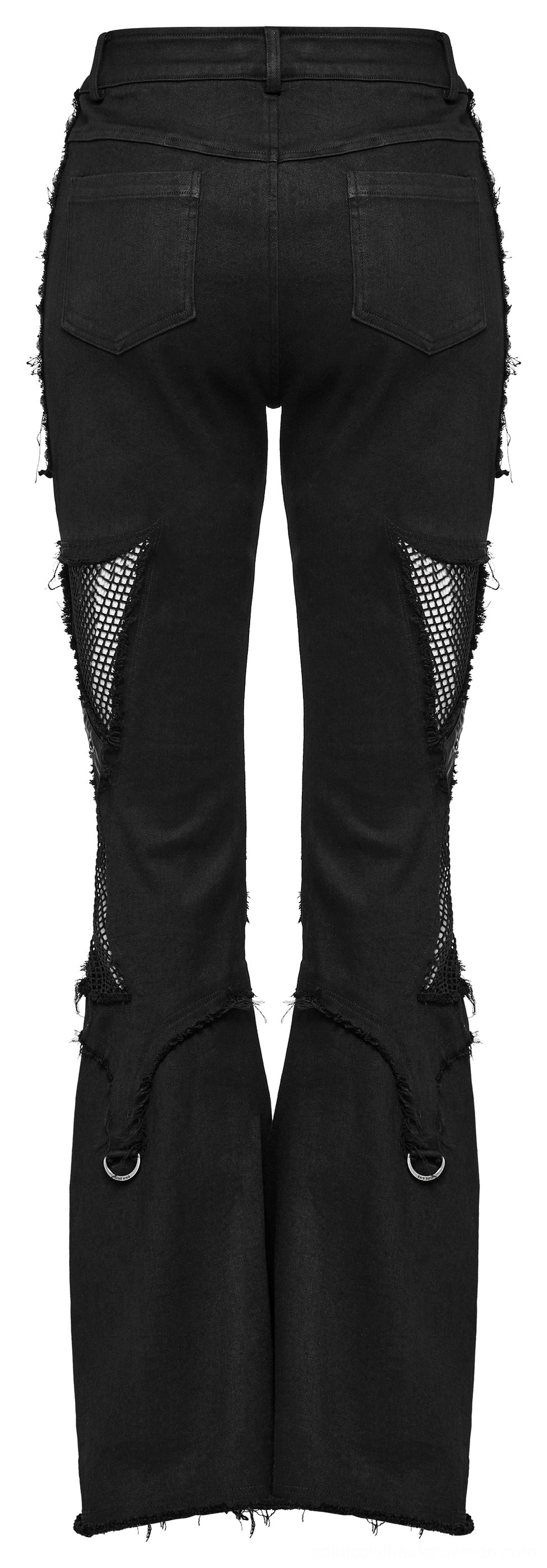 Close-up detail of fishnet mesh fabric and metal eyelet hardware on gothic cross flare jeans