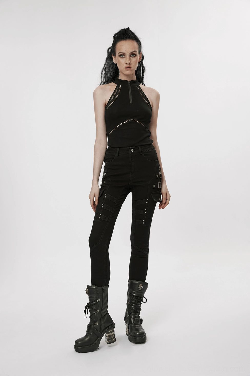 Black gothic cargo jeans model full body front pose, alternative punk style slim fit trousers