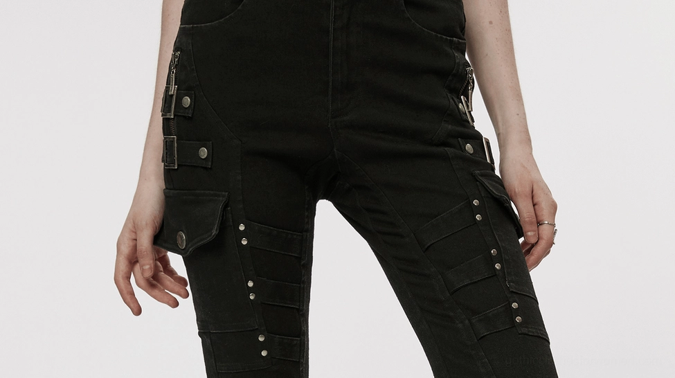Black gothic cargo jeans full length side profile, slim fit punk trousers with thigh zippers and loops