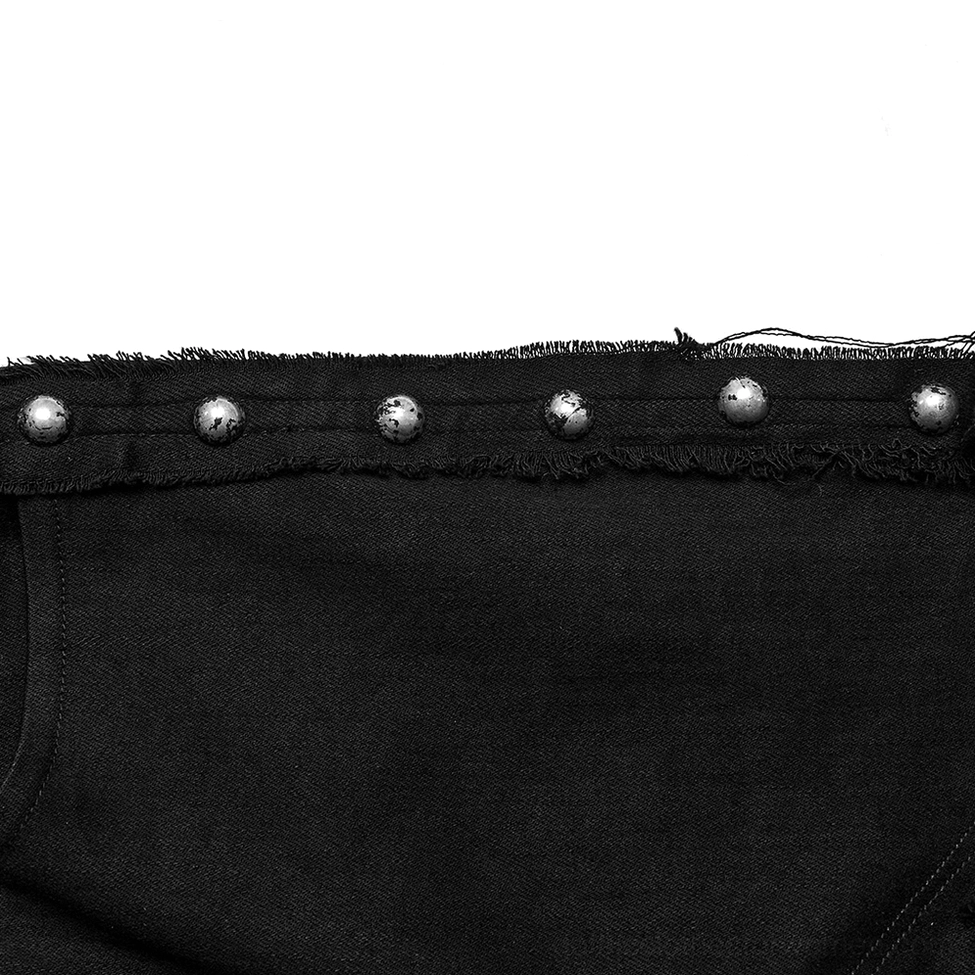 Black destroyed gothic cross flare jeans leg detail showing fishnet cutouts and distressed edges