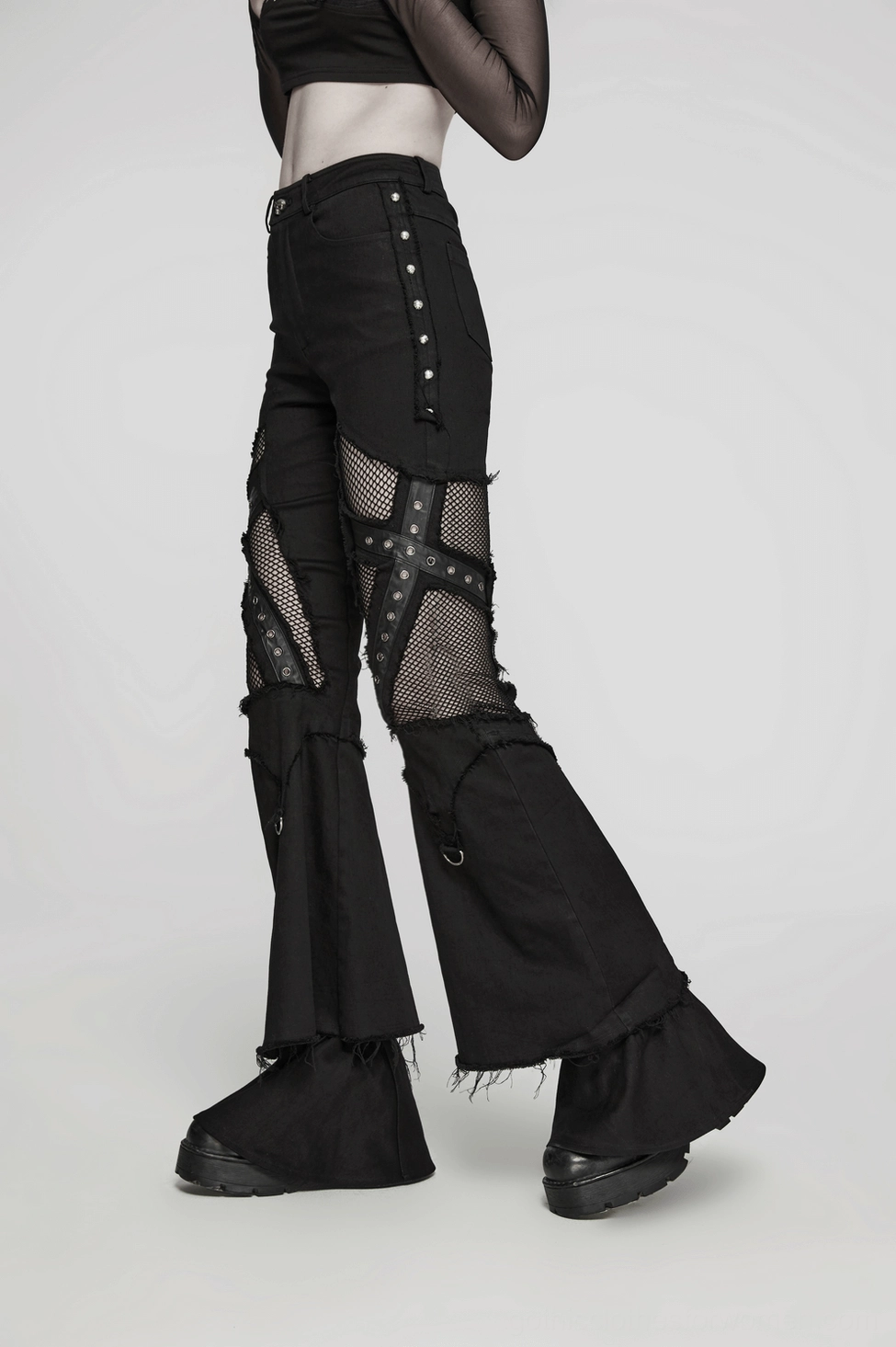 Black destroyed gothic jeans metal hardware close-up showing D-ring and eyelet construction quality
