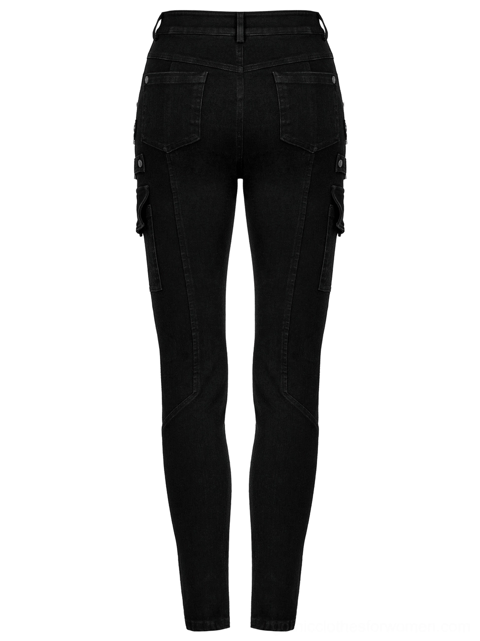 Black gothic cargo jeans rear flat lay, back patch pockets and tailored seam construction