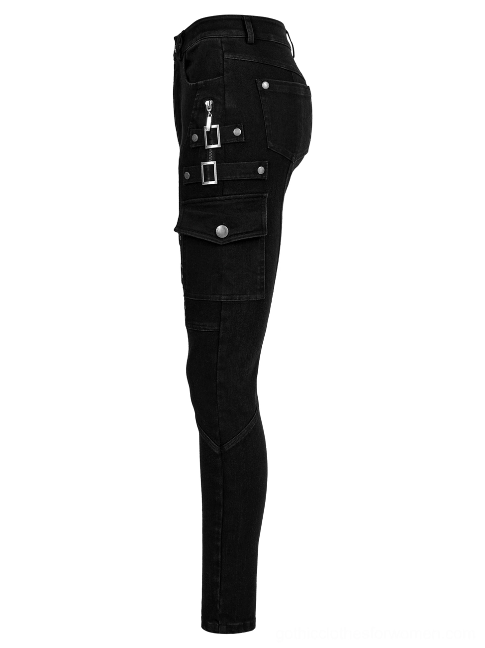 Black punk gothic jeans side view, thigh zippers buckle straps and cargo pocket design details